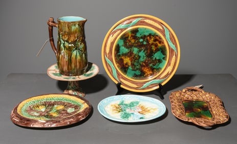 6pcs Assorted Majolica Pitcher, Pastry Stand, Etc.