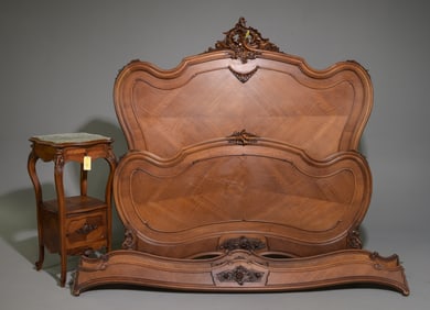 Louis XV Style Bed with Rails & Marble Top Nightstand