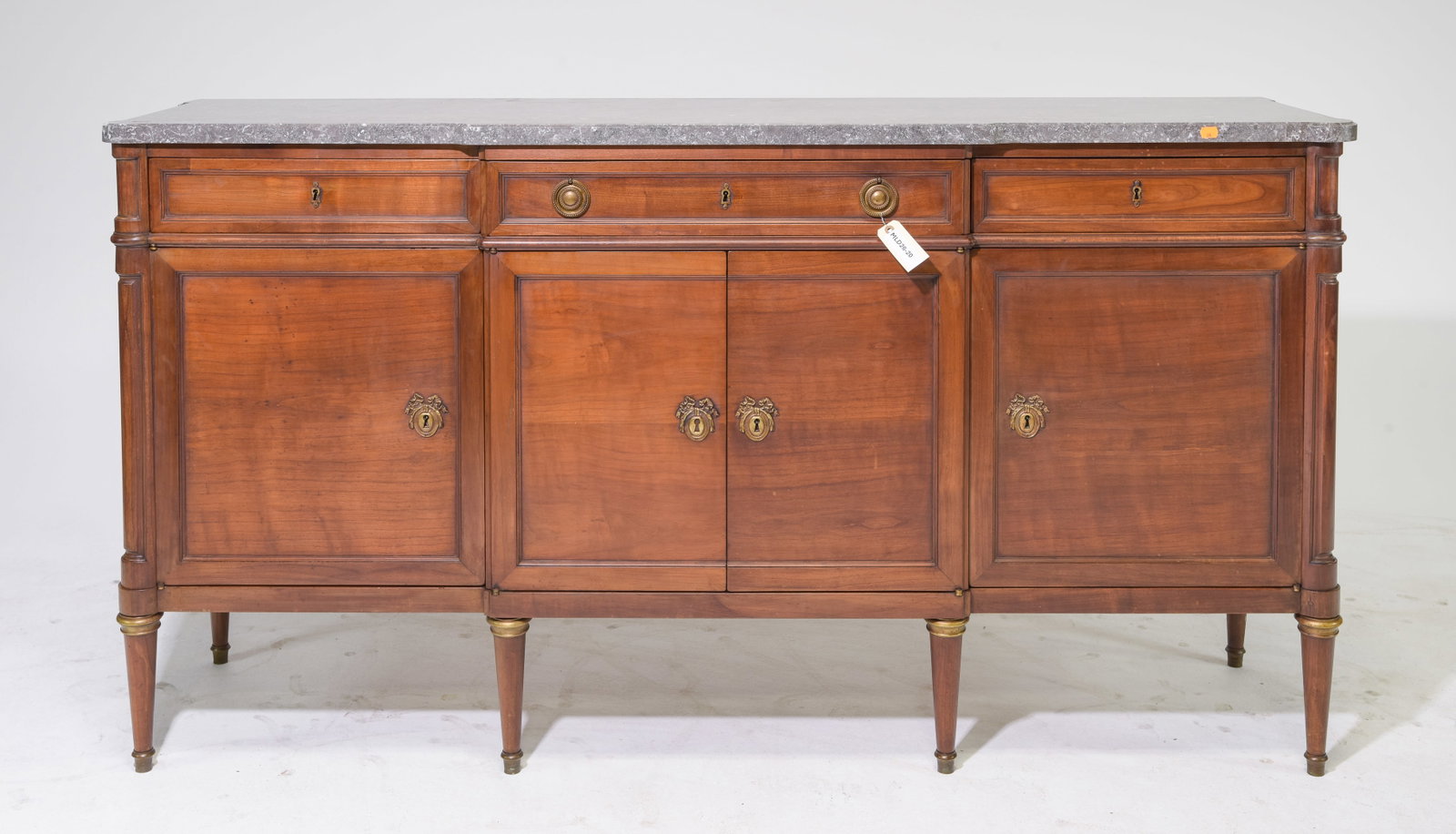 Louis XVI Style Grey Marble Top Sideboard: Louis XVI Style Grey Marble Top Four Door Sideboard / Enfilade - 39.5 in tall x 75 x 20
