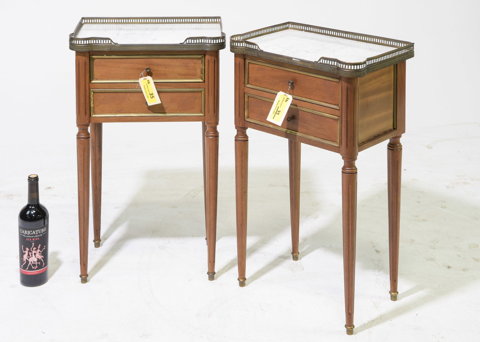 Louis XVI Style White Marble Top Nightstands: French Louis XVI Style White Marble Top Nightstands / Chests with Gallery - 28 in tall x 16.5 x 10.5 each