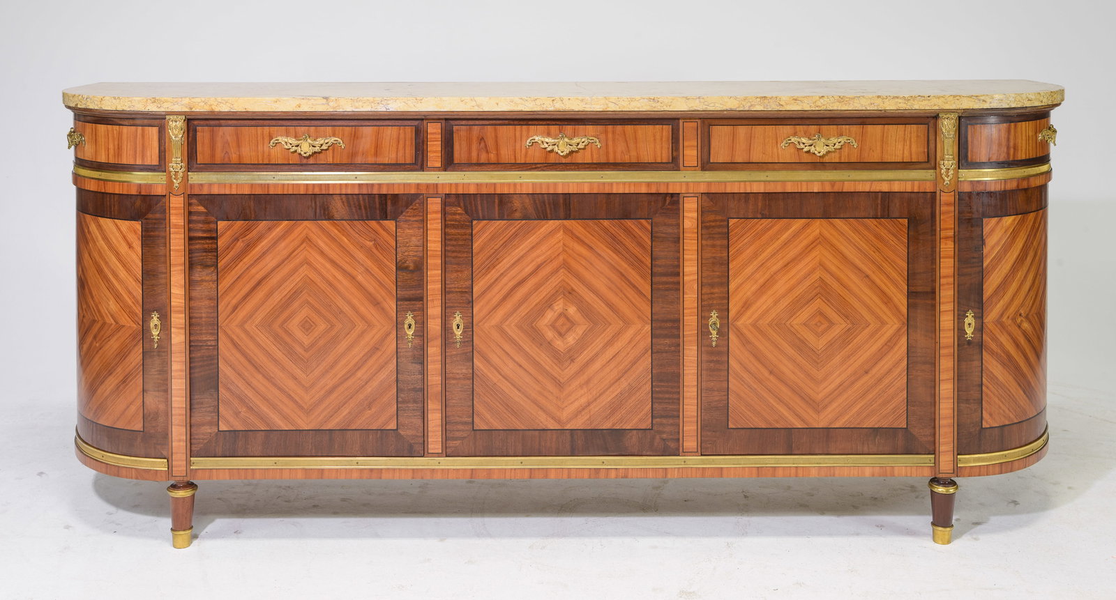 Louis XVI Style Marble Top Curved Long Sideboard: French Louis XVI Style Marble Top Curved Long Sideboard / Enfilade c.1940's-50's - 41 in tall x 97 x 22.5 - This is 8.1 feet long