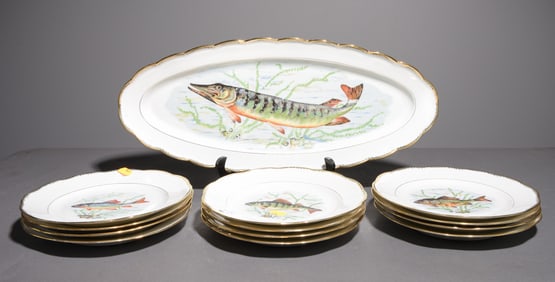 13pc French Fish Plate Set - Platter & 12 Plates