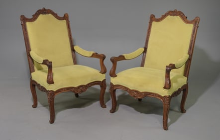 Louis XV Style Pair of Carved Oak Arm Chairs