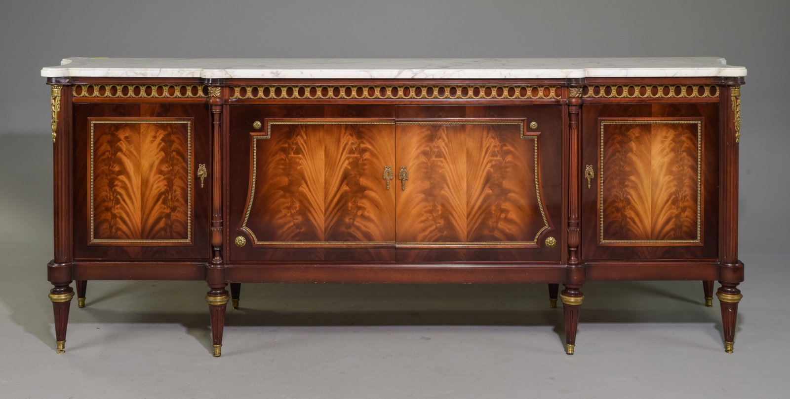 Louis XVI Style White Marble Top Sideboard: French Louis XVI Style White Marble Top Sideboard / Enfilade with Gilded Ormolu Accents - 39.5 in tall x 103 x 23 - This is 8.6 feet long