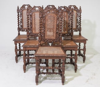 Louis XIII Style Oak Set of 6 French Twist Chairs