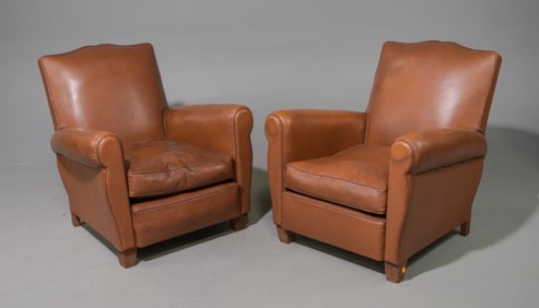 French Brown Mustache Pair of Club Chairs