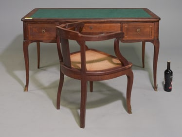 French Green Vinyl Top Desk with Cane Seat Arm Chair