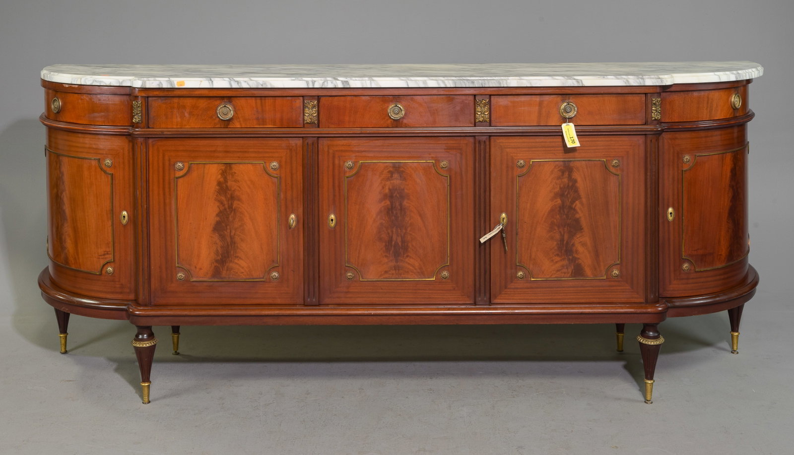 Louis XVI Style Curved White Marble Top Sideboard: French Louis XVI Style Curved White Marble Top Sideboard / Enfilade - 40.75 in tall x 99.5 x 22