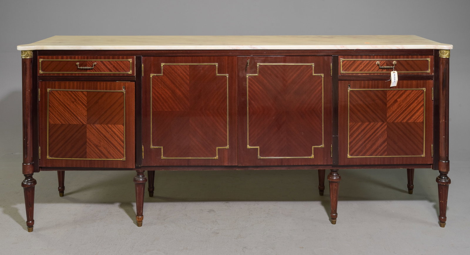 Louis XVI Style White Marble Top Mahogany Sideboard: French Louis XVI Style White Marble Top Mahogany Sideboard / Enfilade - 37 in tall x 85.5 x 20.5