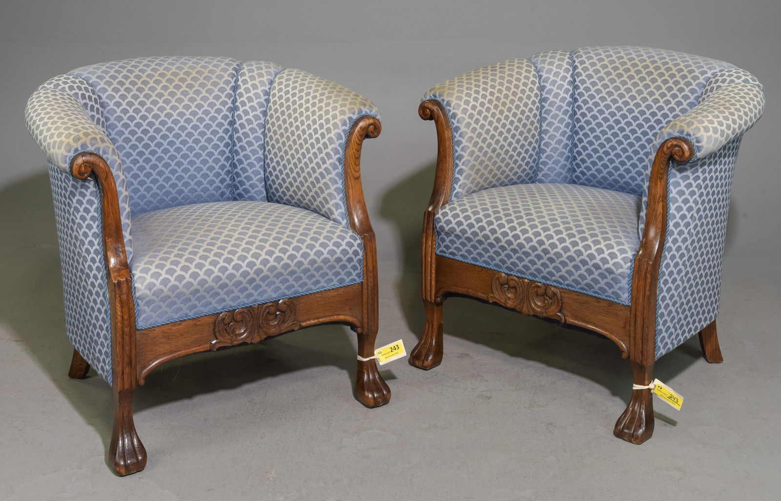 Danish Oak Pair of Upholstered Arm Chairs: Danish Oak Pair of Upholstered Arm Chairs with Paw Feet - 31.5 in tall x 27 x 26 each with a seat height of 17 inches