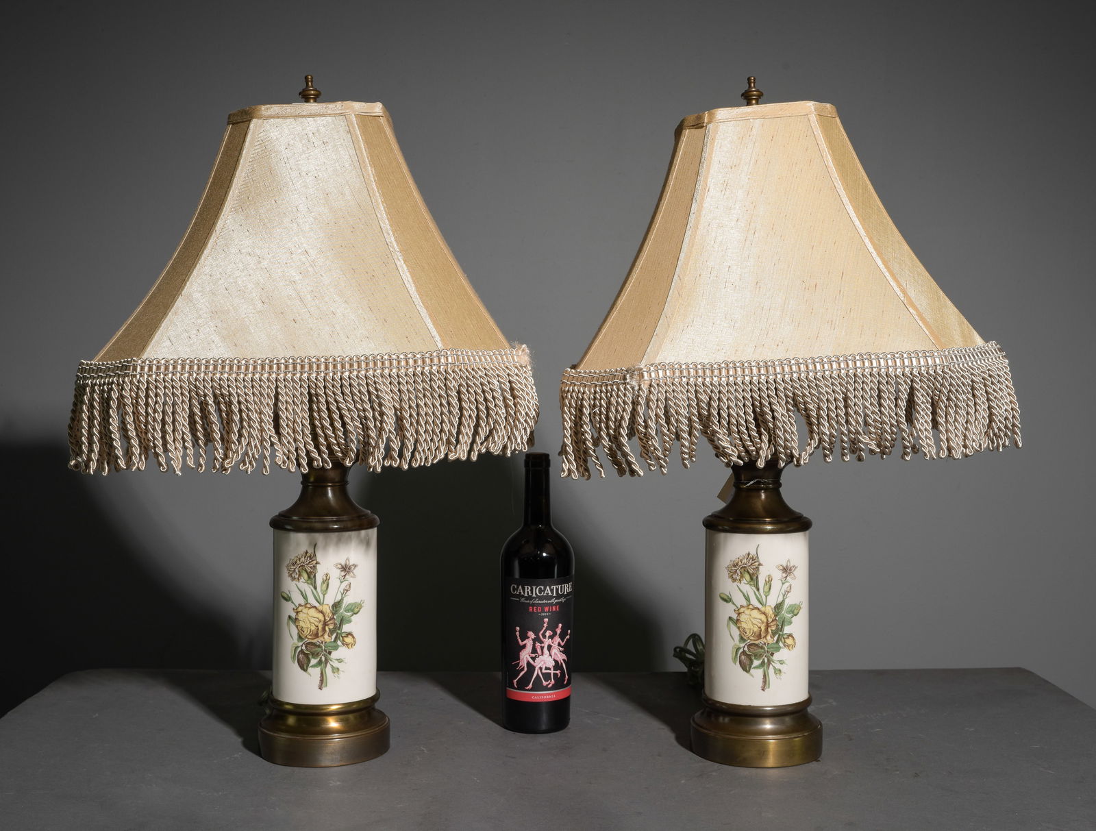 Pair of Porcelain & Brass Botanical Lamps: Pair of Porcelain & Brass Botanical Lamps - 26.75 in tall x 16.5 x 17 each - The shades are part of the measurements