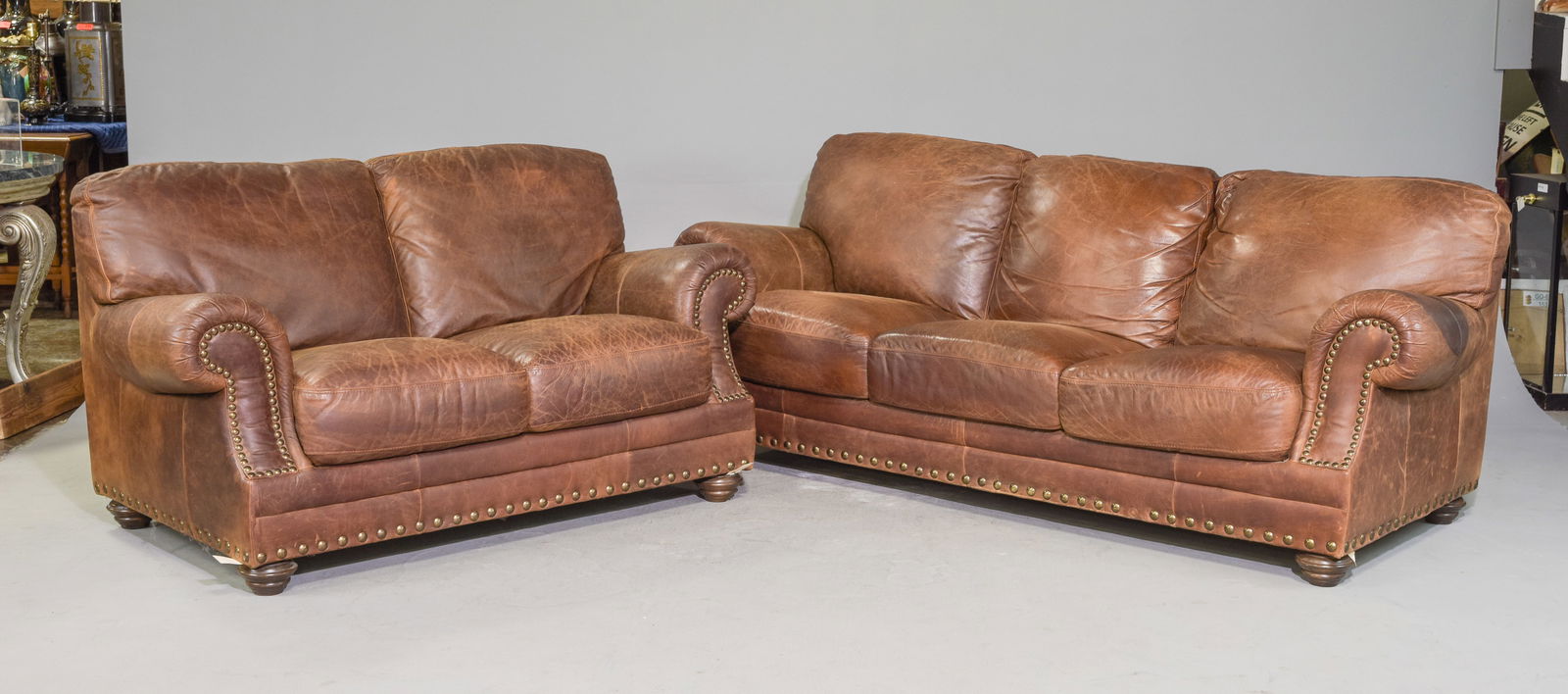 Danish Brown Leather Three Seat Sofa & Loveseat (1 of 7)