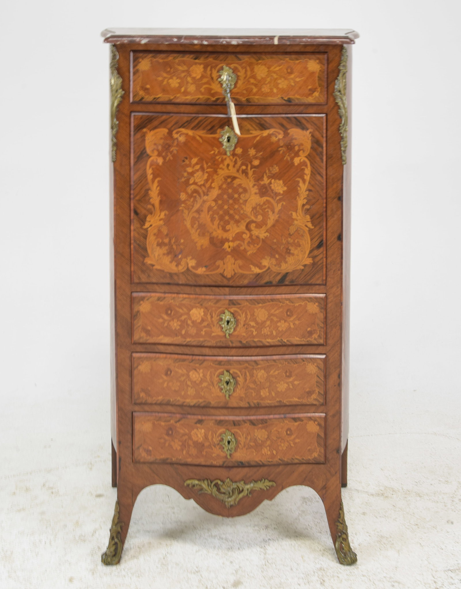 Louis XV Style Marble Top Secretary Abattant: French Louis XV Style Marble Top Marquetry Inlaid Secretary Abattant with Gilt Ormolu - 52.5 in tall x 27.5 x 15