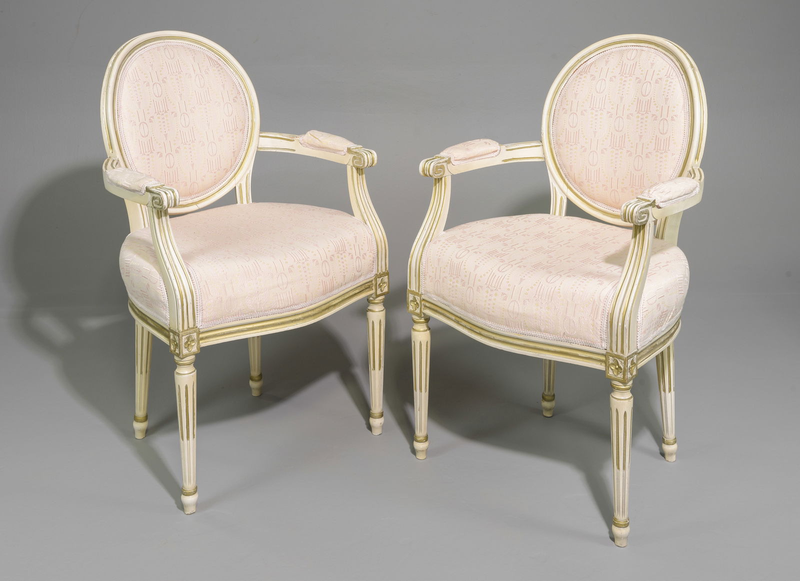 Louis XVI Style Pair of Painted Arm Chairs: French Louis XVI Style Pair of Painted Arm Chairs c.1920's-30's - 38 in tall x 22 x 19 each with a seat height of 20 inches