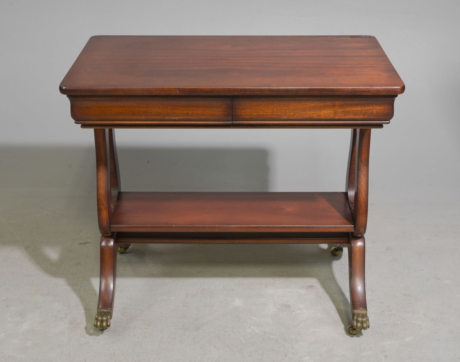 Welch Style Mahogany Lyre Base Table with Drawers (1 of 4)