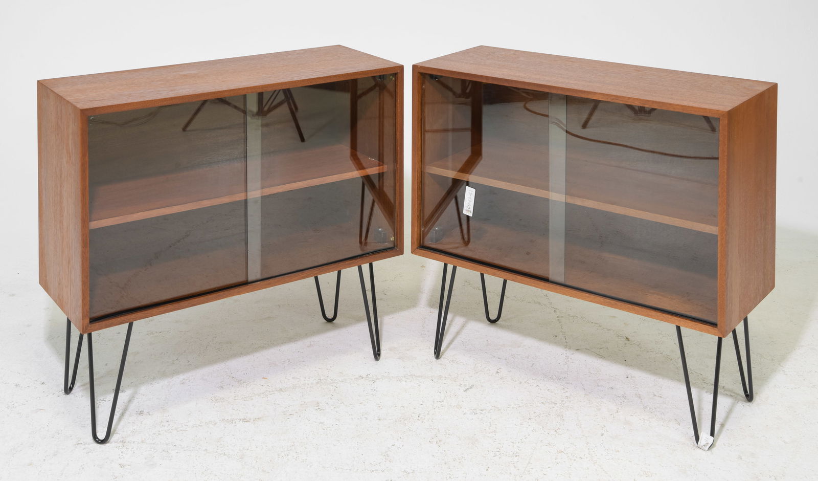 2 Mid Century Modern Sliding Glass Door Cabinets: 2 Danish Modern Style Sliding Glass Door Occasional Cabinets on Hair Pin Legs - 28 in tall x 30 x 12