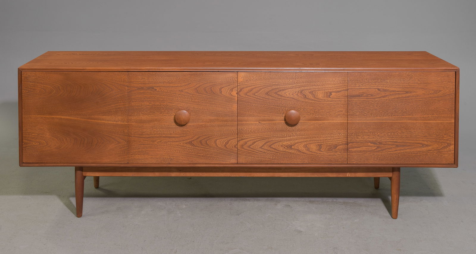 Mid Century Modern Bi-Fold Door Sideboard: Mid Century Modern Bi-Fold Door Sideboard / Credenza with Circular Wood Pulls - 29 in tall x 80 x 18