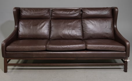 Danish Modern Wing Back Three Seater Leather Sofa