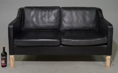 Danish Modern Black Leather Loveseat