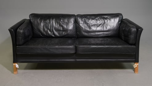 Danish Modern Black Leather Three Seater Sofa