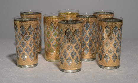8 Vintage Culver Valencia Highball Gold Overlay Glasses