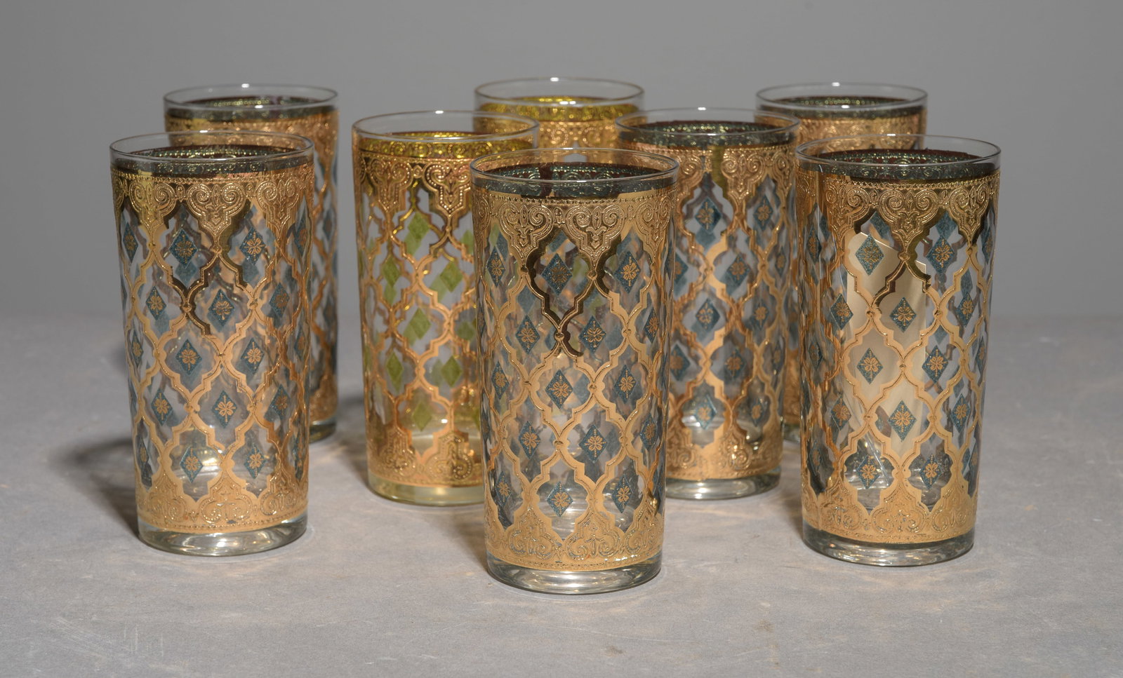 8 Vintage Culver Valencia Highball Gold Overlay Glasses: 8 Vintage Culver Valencia Highball Gold Overlay Glasses - 5.75 in tall x 2.75 inch diameter each