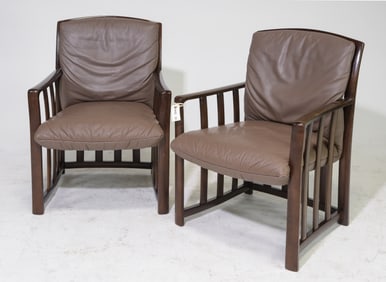 Danish Modern Pair of Leather Upholstered Arm Chairs