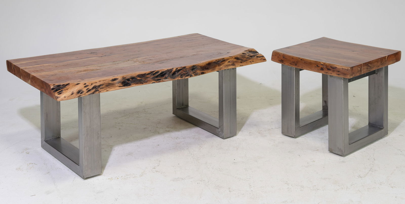 Live Edge Top Metal Base Coffee Table & End Table: Live Edge Top Metal Base Coffee Table / Bench & End Table - 20 in tall x 51 x 31 and 20 in tall x 22 x 21