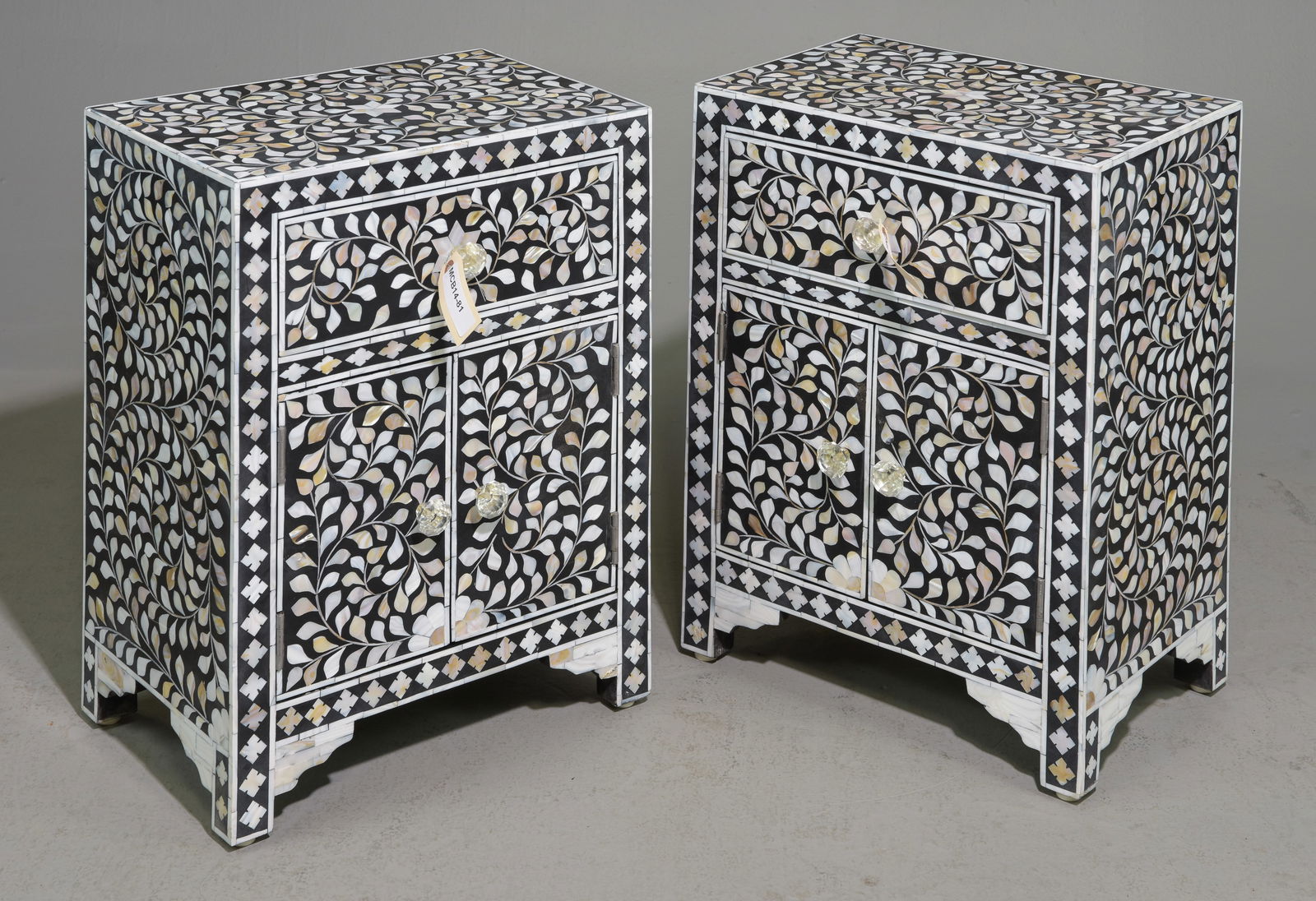 Pair of Modernist Bone Inlaid Black & White Nightstands: Pair of Modernist Bone Inlaid Black & White Nightstands with Vine Pattern - 24 in tall x 18 x 13 each