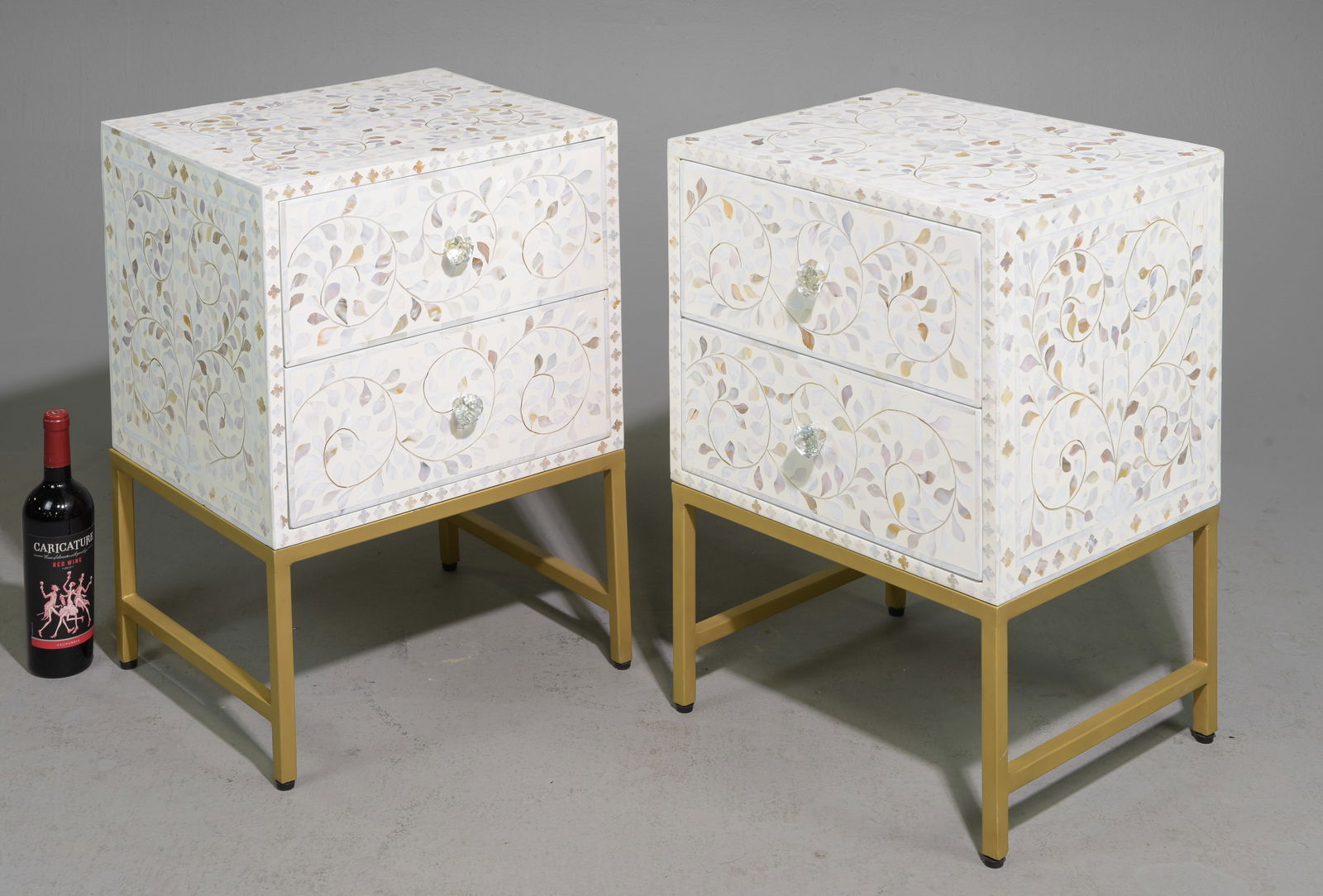 Pair of Modernist Bone Inlaid Chests with Vine Pattern: Pair of Modernist Bone Inlaid Occasional Chests / Nightstands with Vine Pattern - 25.5 in tall x 18 x 16 each