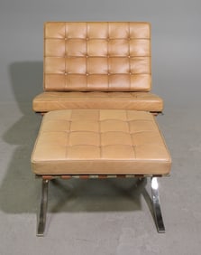 Barcelona Style Tan Leather Tufted Chair & Stool