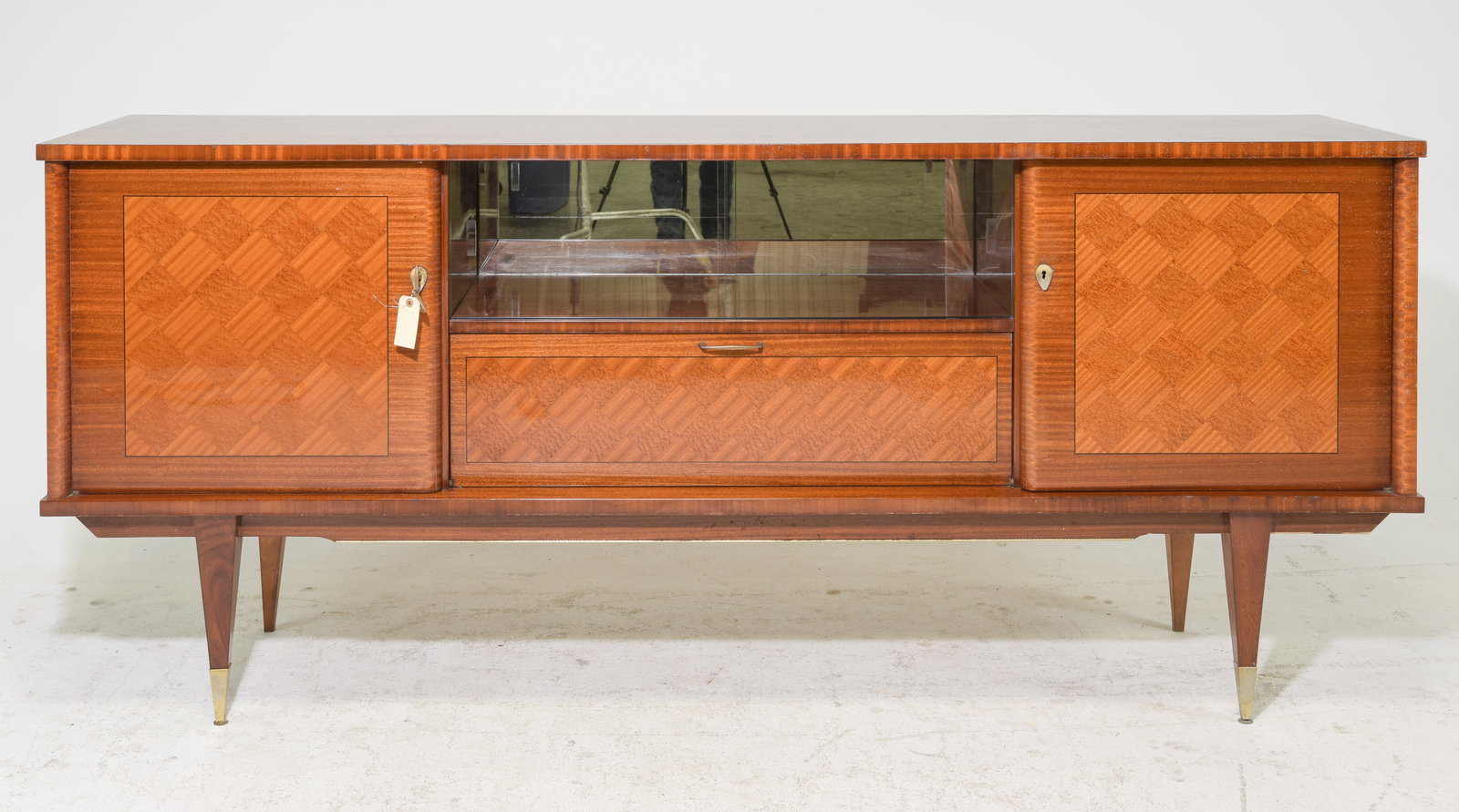 French Art Deco / Modernist Veneer Sideboard: French Art Deco / Modernist Veneer Sideboard / Enfilade - 37.5 in tall x 87 x 20