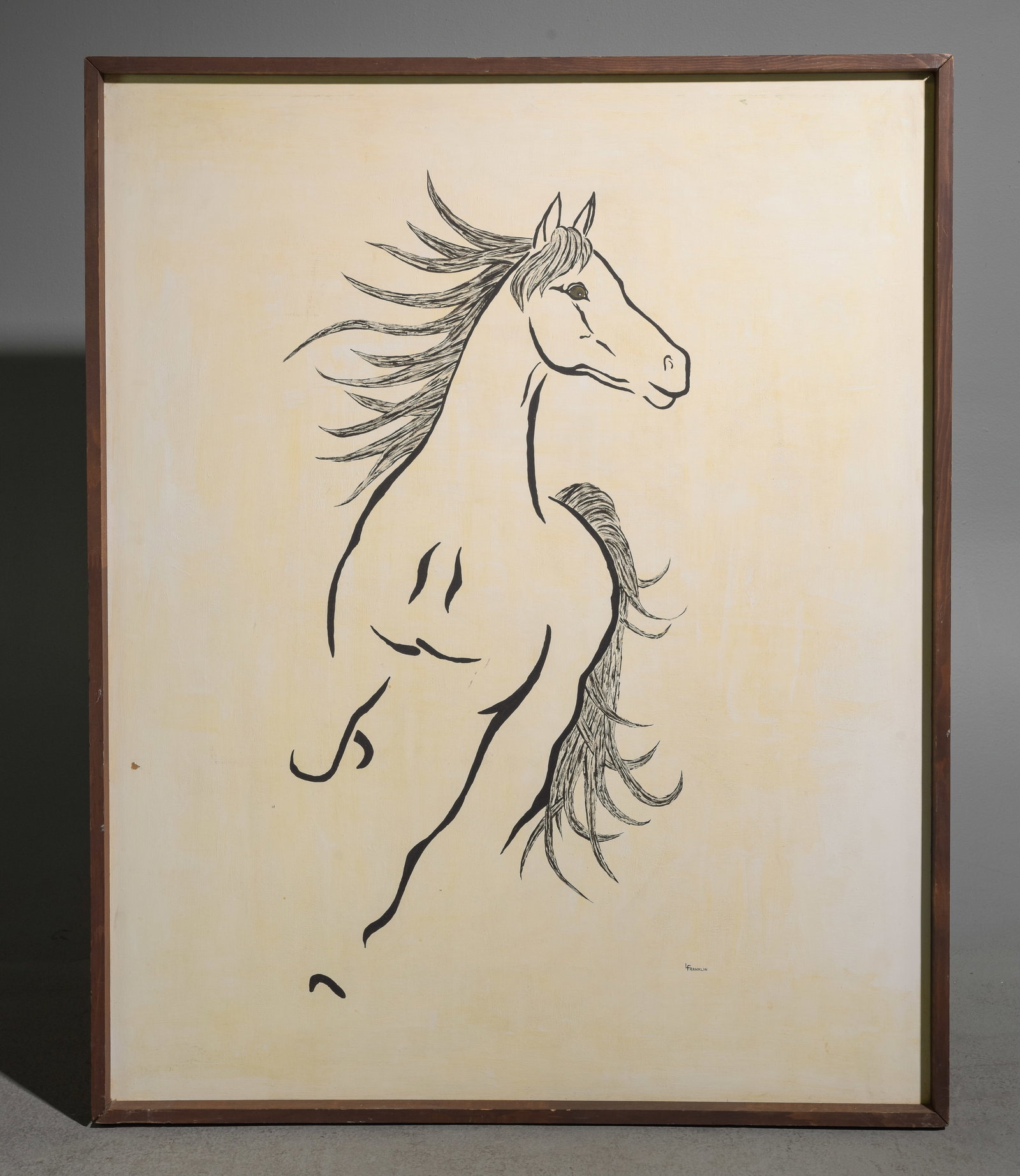 Framed L. Franklin Running Horse Art on Board: Framed L. Franklin Running Horse Art on Board - 49 in tall x 39.5 x 2