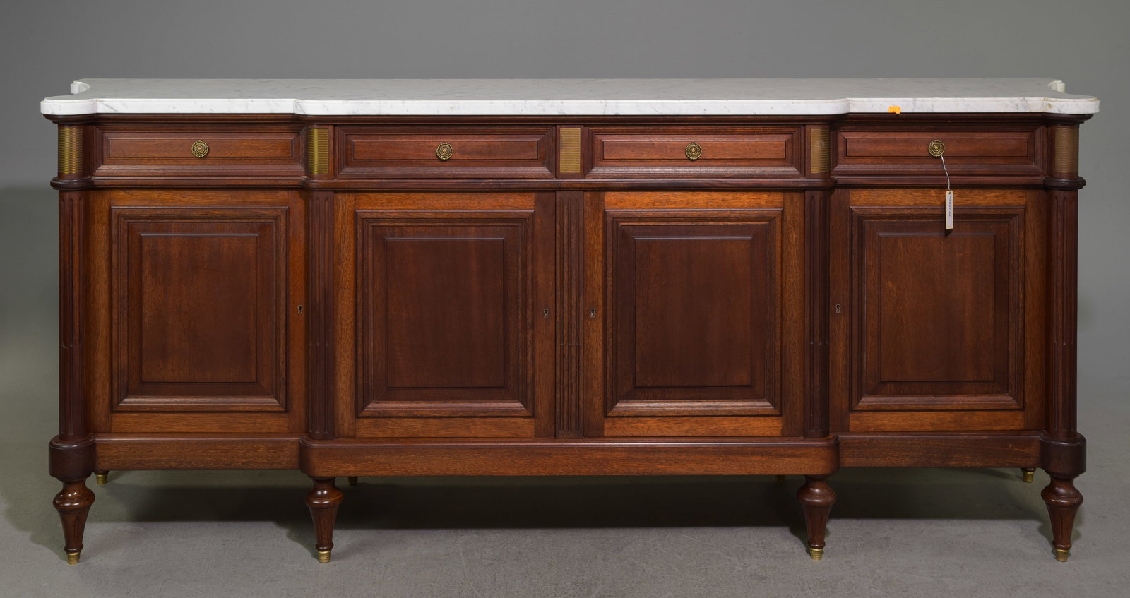 Louis XVI Style White Marble Top Sideboard: French Louis XVI Style White Marble Top Mahogany Sideboard / Enfilade with Concaved Curved Sides - 39.5 in tall x 95.75 x 22.25 - This is just under 8 feet long
