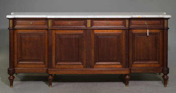 Louis XVI Style White Marble Top Sideboard: French Louis XVI Style White Marble Top Mahogany Sideboard / Enfilade with Concaved Curved Sides - 39.5 in tall x 95.75 x 22.25 - This is just under 8 feet long