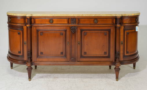 Louis XVI Style Marble Top Curved Cherry Sideboard: French Louis XVI Style Marble Top Curved Cherry Sideboard / Enfilade - 40 in tall x 89.5 x 21.5