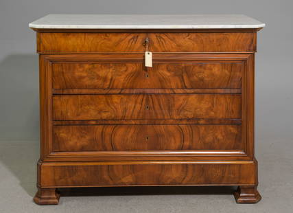 Louis Philippe Style White Marble Top Chest: French Louis Philippe Style Walnut White Marble Top Five Drawer Chest - 39 in tall x 50 x 24 - There is a key