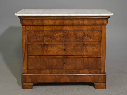 Louis Philippe Style Narrow Marble Top Chest: French Louis Philippe Style Narrow White Marble Top Walnut Four Drawer Chest - 38 in tall x 46 x 20