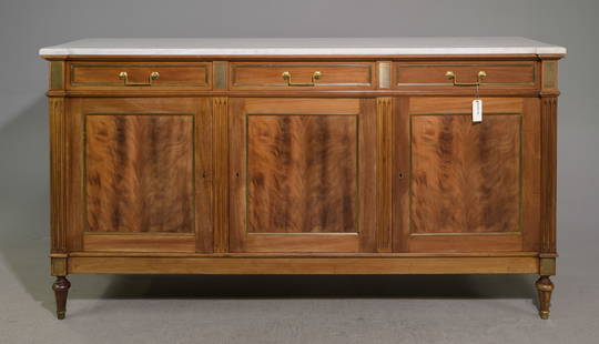 Louis XVI Style White Marble Top Sideboard: French Louis XVI Style White Marble Top Sideboard / Enfilade - 41.5 in tall x 78 x 20