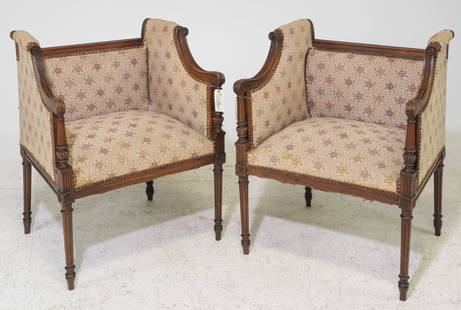 2 Louis XVI Style Upholstered Bergere Chairs: 2 French Louis XVI Style Upholstered Bergere Chairs - 31 in tall x 23.5 x 21 each with a seat height of 17 inches