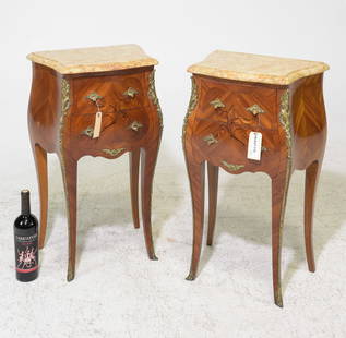 2 Louis XV Style Marble Top Inlaid Chests: 2 French Louis XV Style Marble Top Inlaid Chests / Nightstands with Gilded Ormolu Adornments - 28.25 in tall x 16.5 x 11.5 each