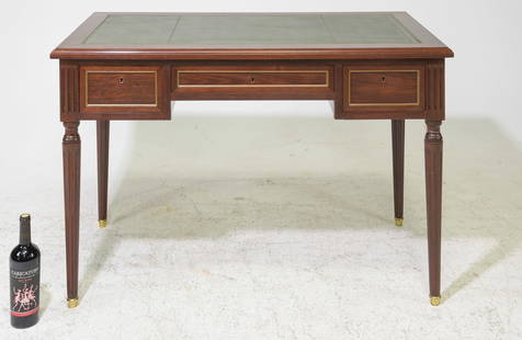 Louis XVI Style Green Leather Top Writing Table: French Louis XVI Style Green Leather Top Writing Table / Desk with Pull Outs on each end - 30 in tall x 43 x 23, Kneehole is 23.75 x 17.75