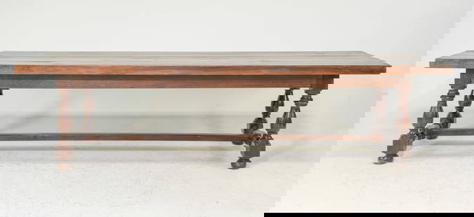 French Monumental Solid Oak Farmhouse Table: French Monumental Solid Oak Farmhouse / Monastery Table with Double Baluster Stretcher Base - 30 in tall x 118 x 38, Foor to apron is 27.5 in tall and the space between the legs is 89 inches - This