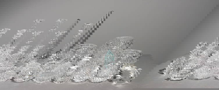 32pcs Assorted Cut Crystal / Glass: 32pcs Assorted Cut Crystal / Glass - Candlesticks, Bud Bowls, Obelisks, Etc. - Tallest piece is 12 in tall x 3 x 3 - Some of these are marked