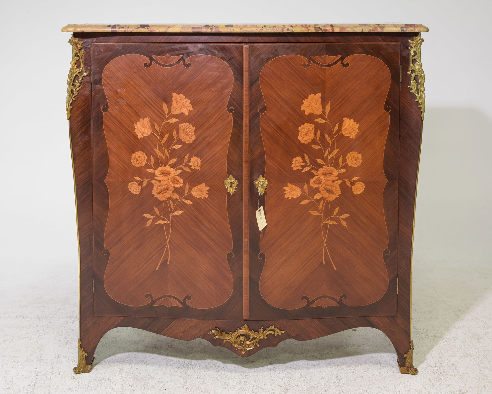 French Marble Top Marquetry Inlaid Cupboard: French Marble Top Marquetry Inlaid Cupboard / Cabinet with Gilded Ormolu Adornments - 49.5 in tall x 50 x 18