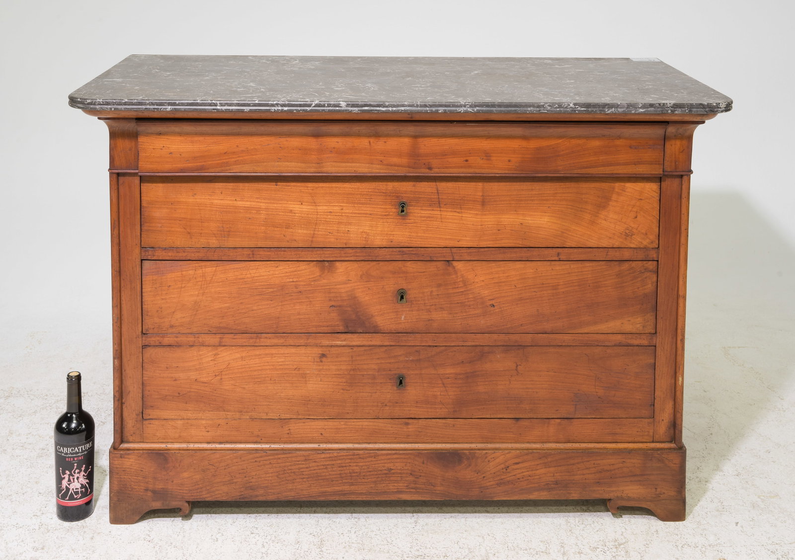 Louis Philippe Style Grey Marble Top Chest: French Louis Philippe Style Grey Marble Top Four Drawer Chest - 35.5 in tall x 51.5 x 24.5 - There is a key
