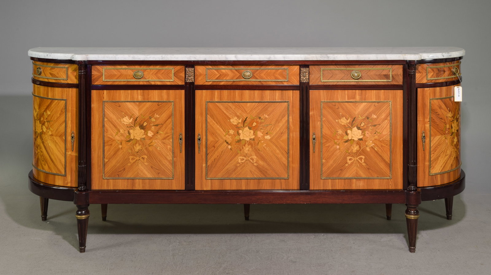 Louis XVI Style White Marble Top Inlaid Sideboard: French Louis XVI Style White Marble Top Inlaid Curved Sideboard / Enfilade - 40.5 in tall x 99.25 x 21.75