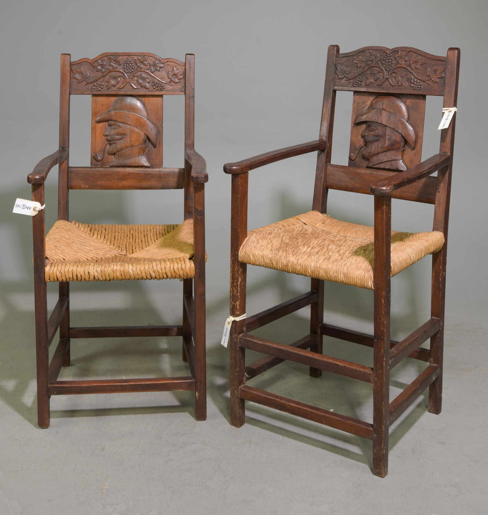 2 Danish Carved Oak Rush Seat Arm Chairs (1 of 6)