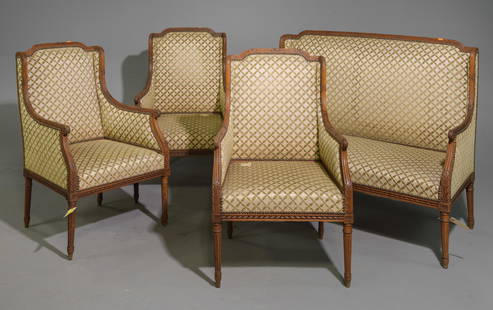 4pc French Louis XVI Style Salon Suite - Settee & 3 Chairs: 4pc French Louis XVI Style Salon Suite - Settee & 3 Chairs - Settee / Sofa is 37 in tall x 49 x 25 with a seat height of 15.5 inches, Chairs are 35.5 in tall x 23 x 24 each with a seat height of 16 in