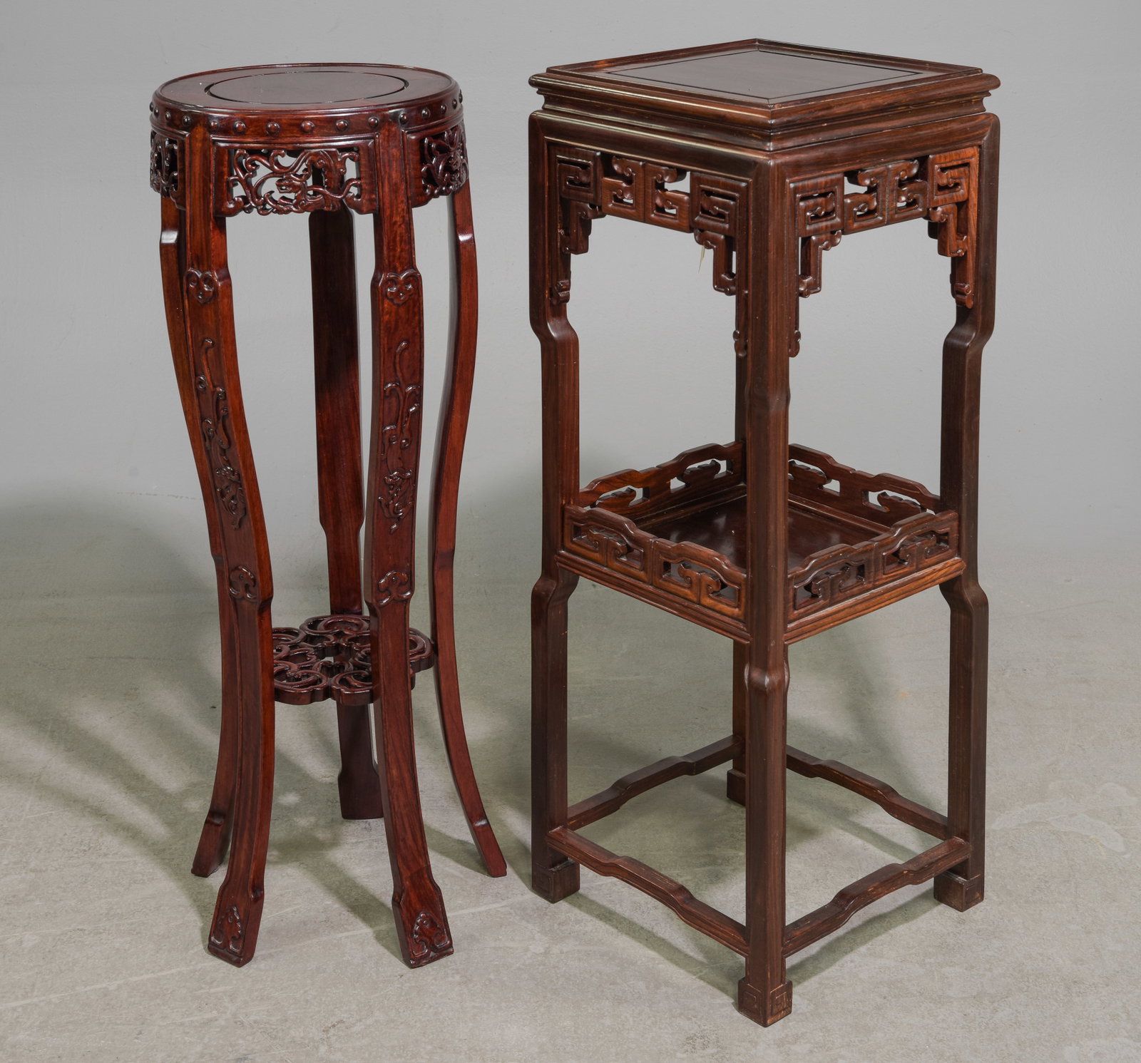 2 Asian Carved Rosewood Pedestals / Tables: 2 Asian Carved Rosewood Pedestals / Tables - 36 in tall x 13 x 13 and 26 in tall x 14 x 14
